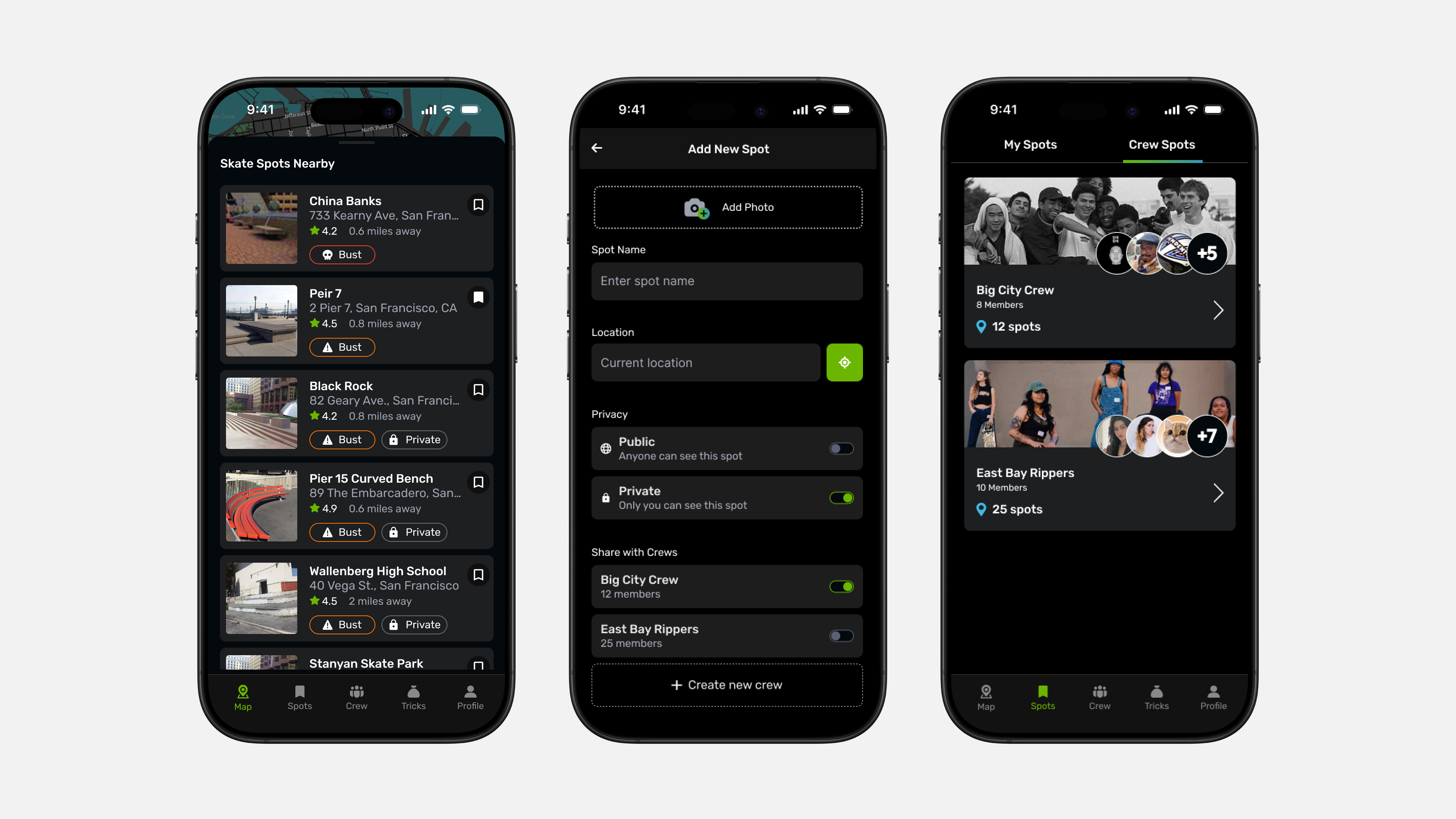 Map interface showing spot pins and spot list